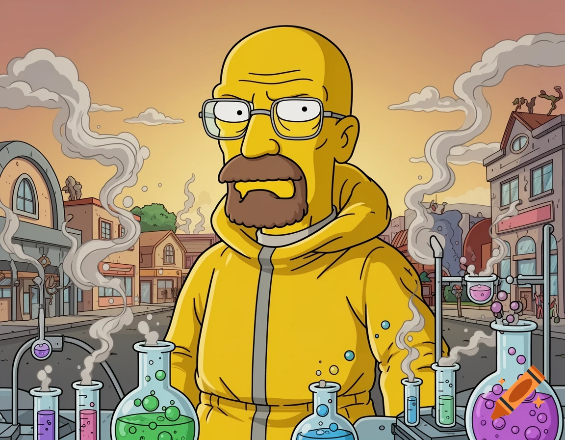 Walter White in a yellow hazmat suit stands behind bubbling chemistry beakers, drawn in The Simpsons cartoon style.
