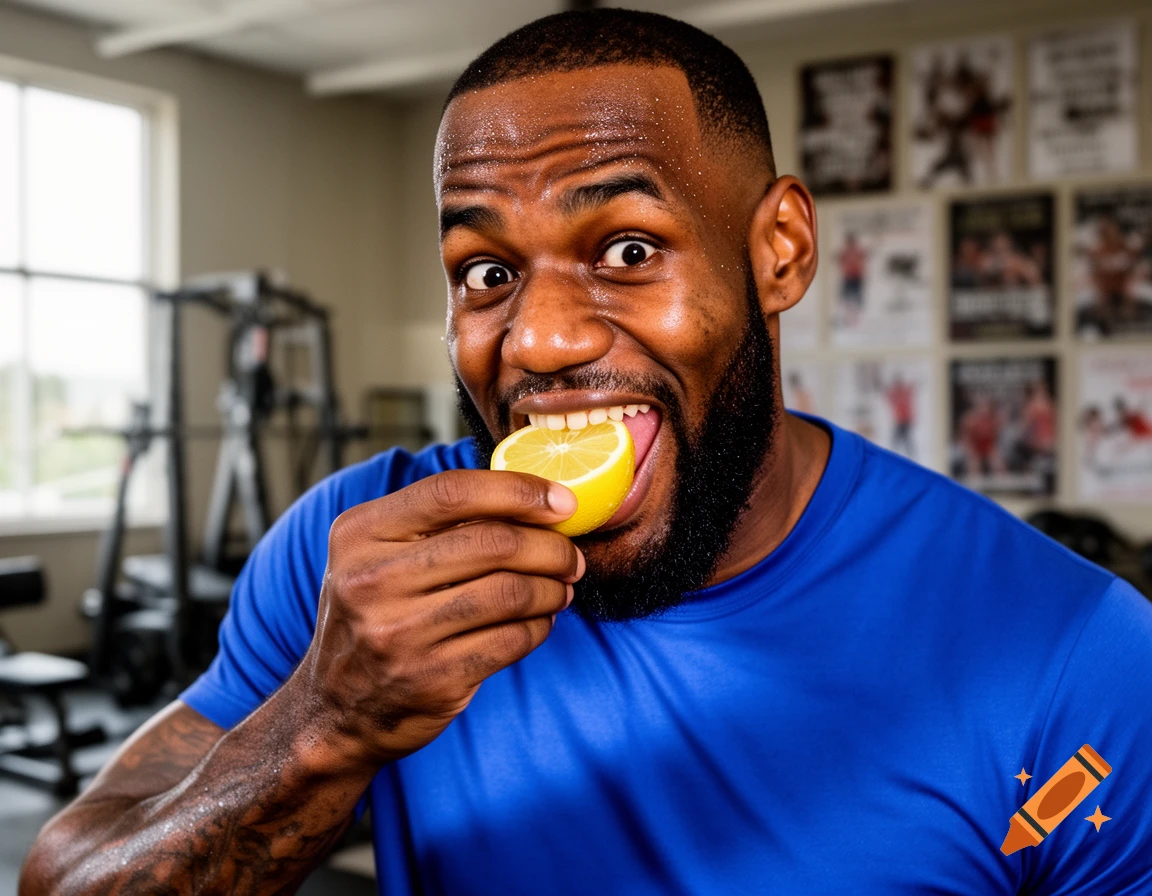 LeBron James makes a sour face while biting into a lemon in a gym.