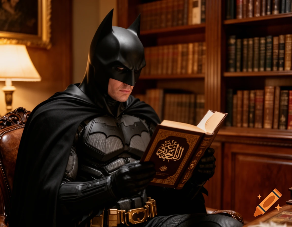 Photorealistic image of Batman in his black suit, seated in a grand library, engrossed in reading an ornate book.