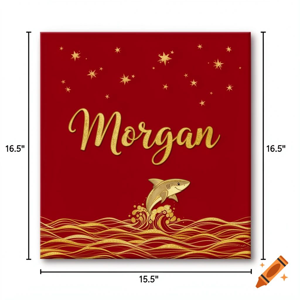A red canvas features the name "Morgan" in sparkling gold script. Gold stars are scattered above, while a gold cartoon shark leaps from golden waves below.