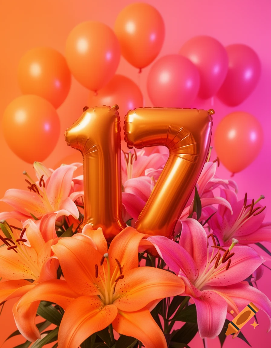 Gold foil number 17 balloons in a bouquet of orange and pink lilies with matching balloons in the gradient background.