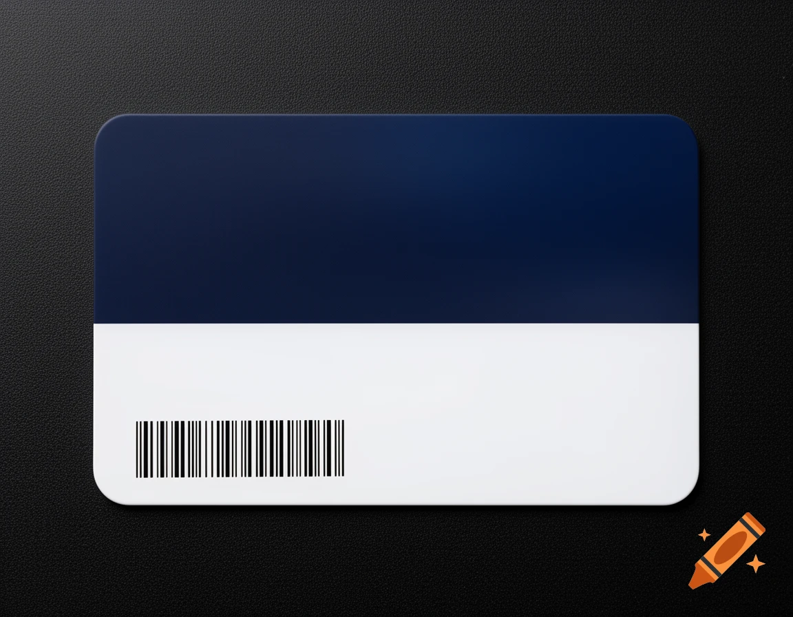 A minimalist ID card, dark navy blue on top and white on bottom, with a barcode, lying on a dark textured surface.