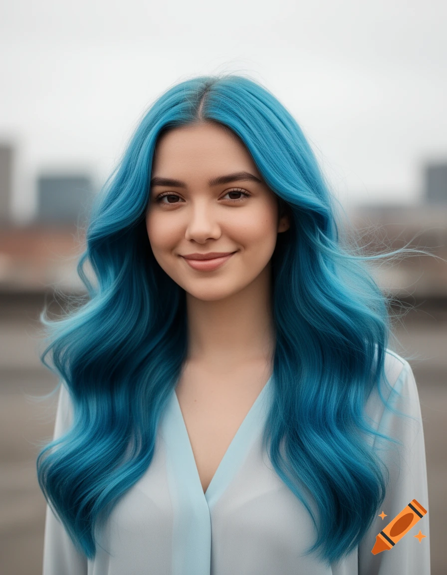 A close-up photorealistic portrait of a young woman with long, wavy blue hair, smiling slightly.
