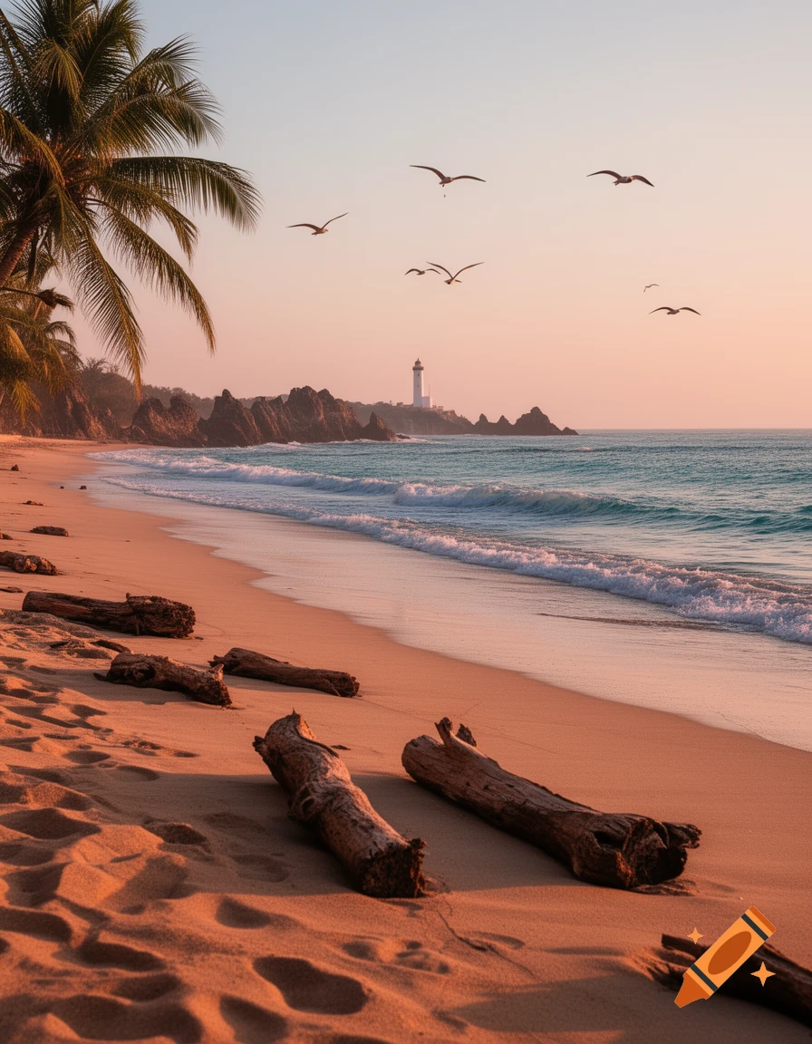 Photorealistic image of a sunset beach with palm trees, driftwood, a distant lighthouse, and seagulls flying overhead.