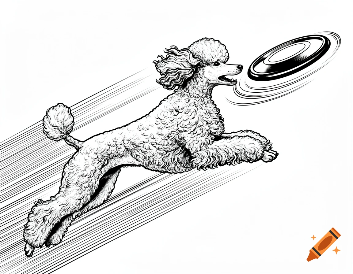 Black and white line-art of a leaping poodle catching a frisbee mid-air.