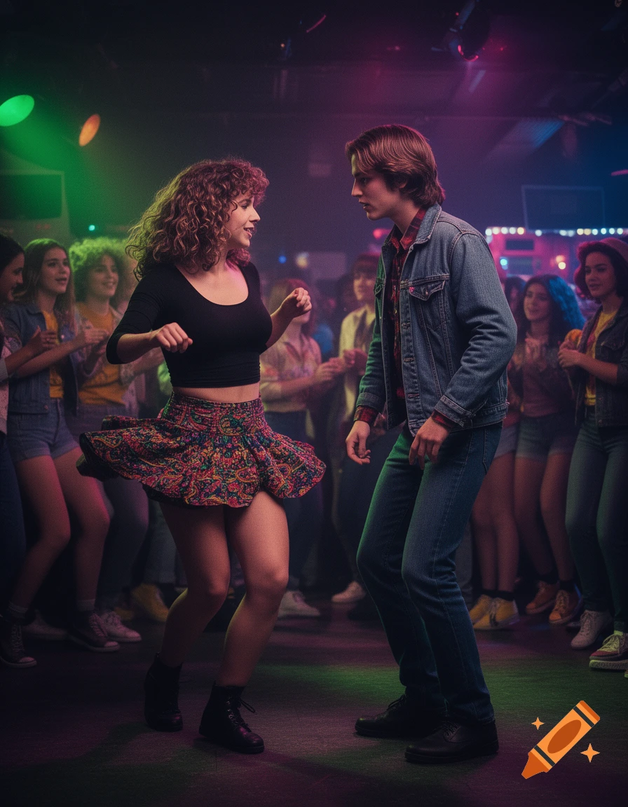 A man and a woman with curly hair dance together in a dimly lit nightclub with colorful spotlights and other partygoers in the background.