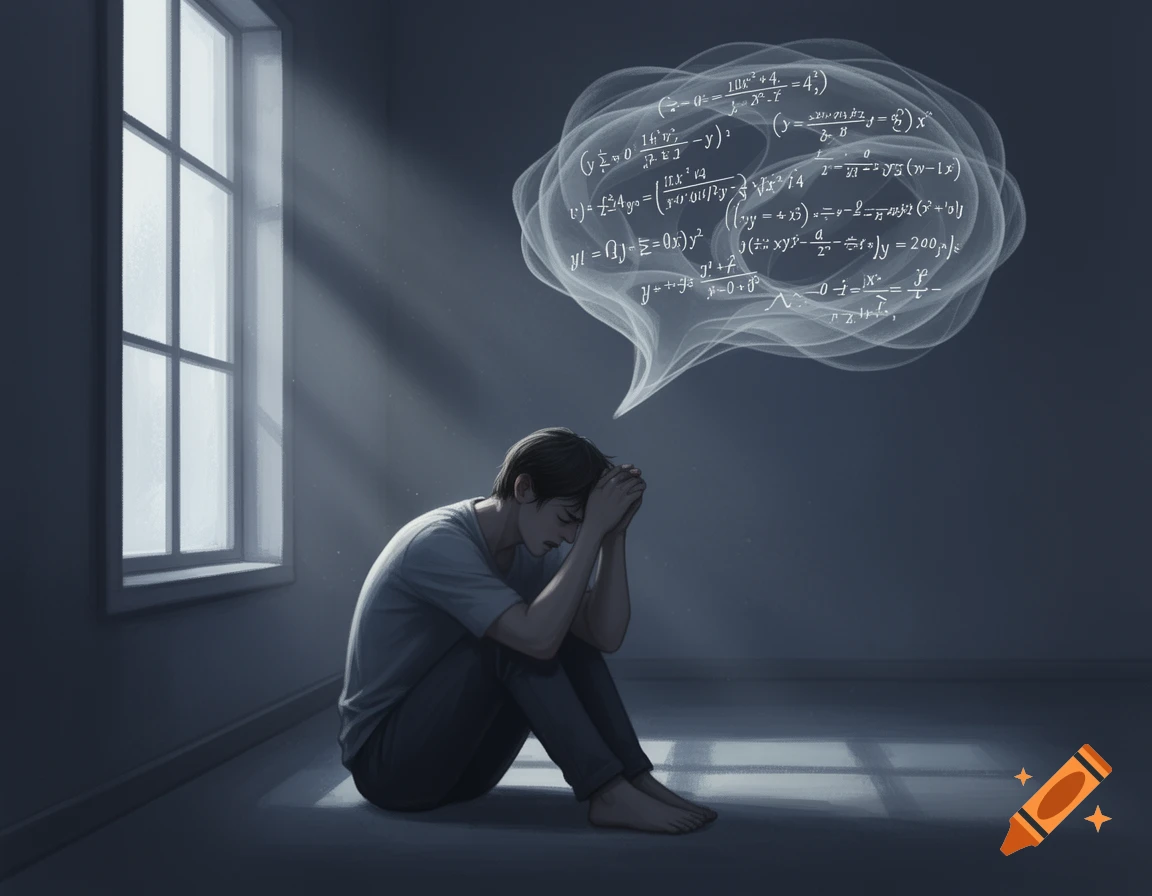 A distressed person sits on a dark floor in a minimalist room, head in hands, with mathematical equations floating in a thought bubble above them. Sunlight streams through a window.