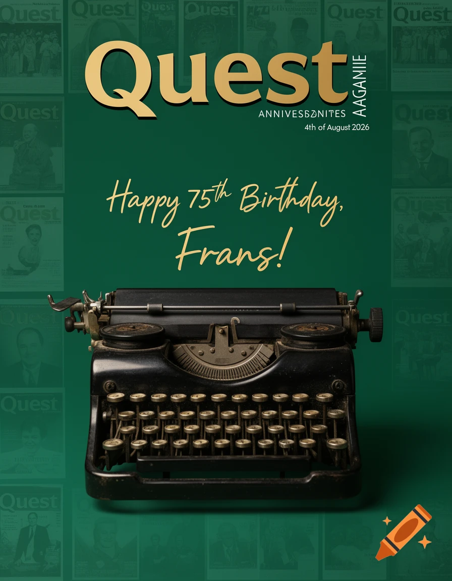A Quest magazine cover featuring a vintage black typewriter, gold text "Happy 75th Birthday, Frans!" and "Quest" on a deep green background with faded magazine covers.