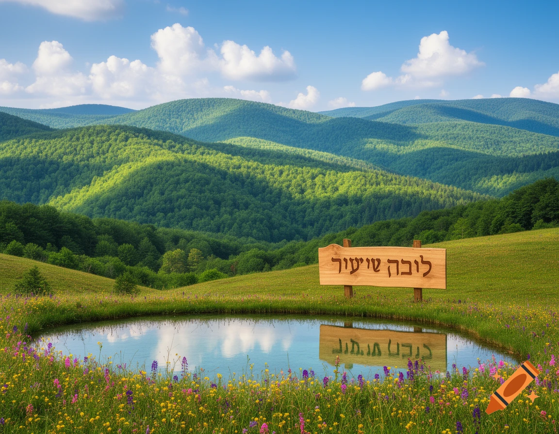 A serene, sunlit landscape with rolling green hills, a small pond reflecting clouds, and a wooden sign with Hebrew text, surrounded by colorful wildflowers.