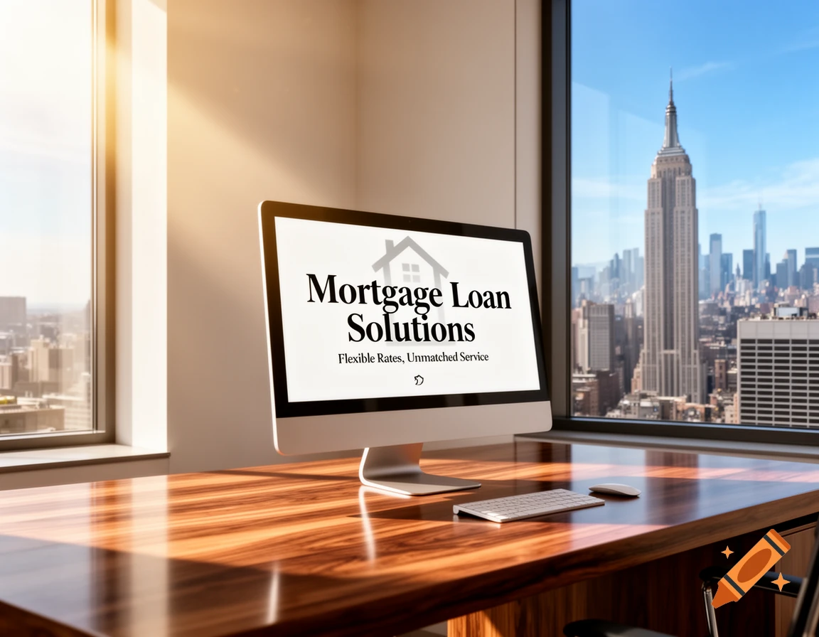 A photorealistic image of a computer on a wooden desk in an office, displaying a 'Mortgage Loan Solutions' ad, with a city skyline visible through the window.