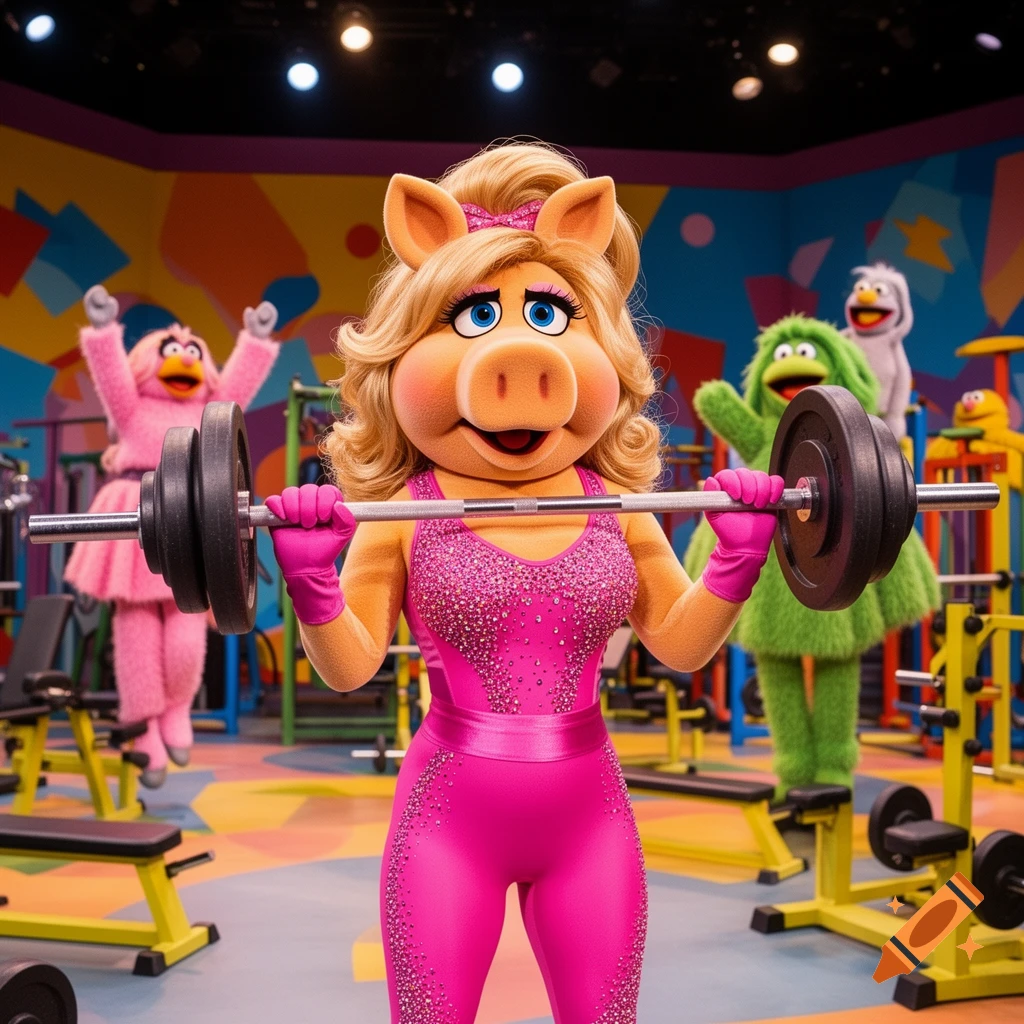 Miss Piggy, wearing a sparkly pink leotard, lifts a barbell in a colorful gym with other Muppets.
