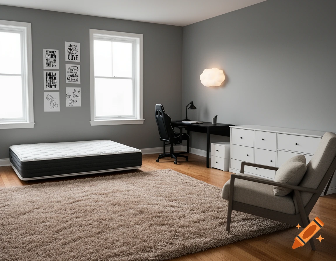 A modern grey bedroom with a mattress on the floor, a large fluffy rug, a black desk with a gaming chair, a white dresser, and an armchair.