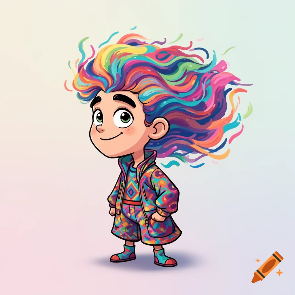 A happy cartoon character with large, multicolored, wavy hair and a matching patterned jacket and shorts smiles.