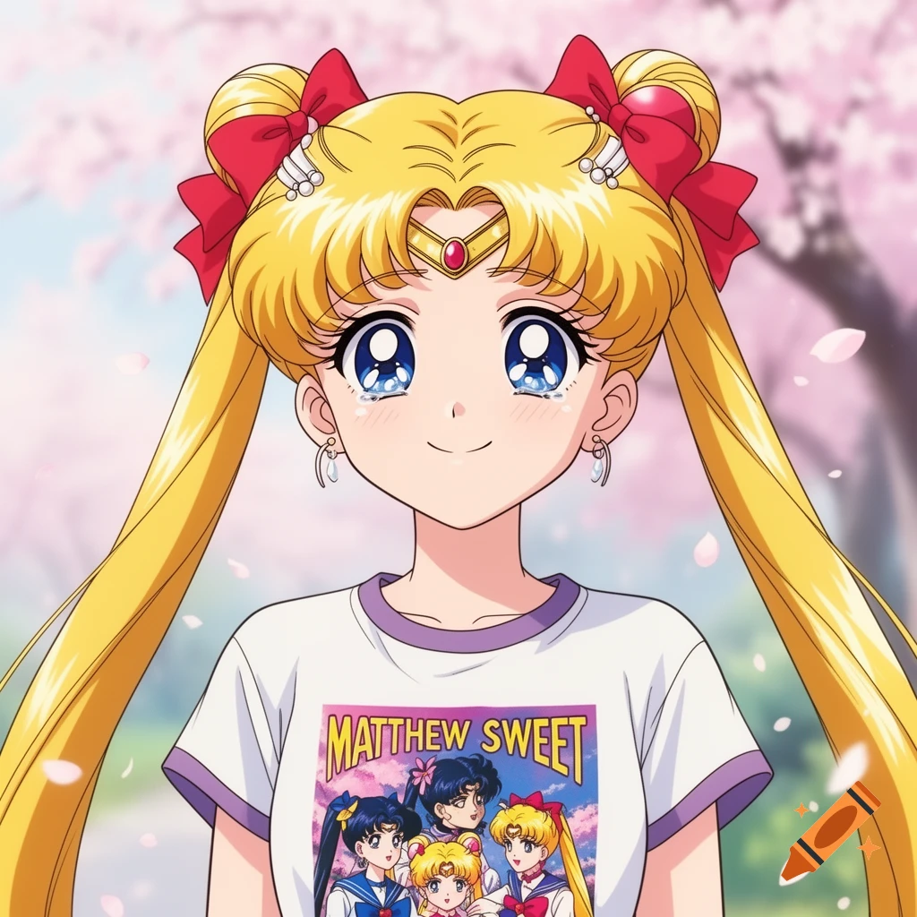 Anime character Sailor Moon with teary eyes smiles, wearing a Matthew Sweet band t-shirt against a cherry blossom background.