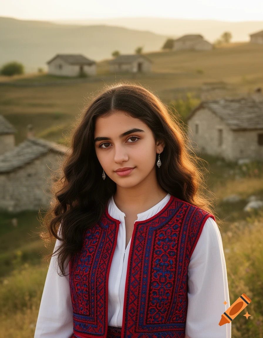 An 18-year-old girl in a traditional embroidered vest stands in a golden field with stone houses and hills at sunset.