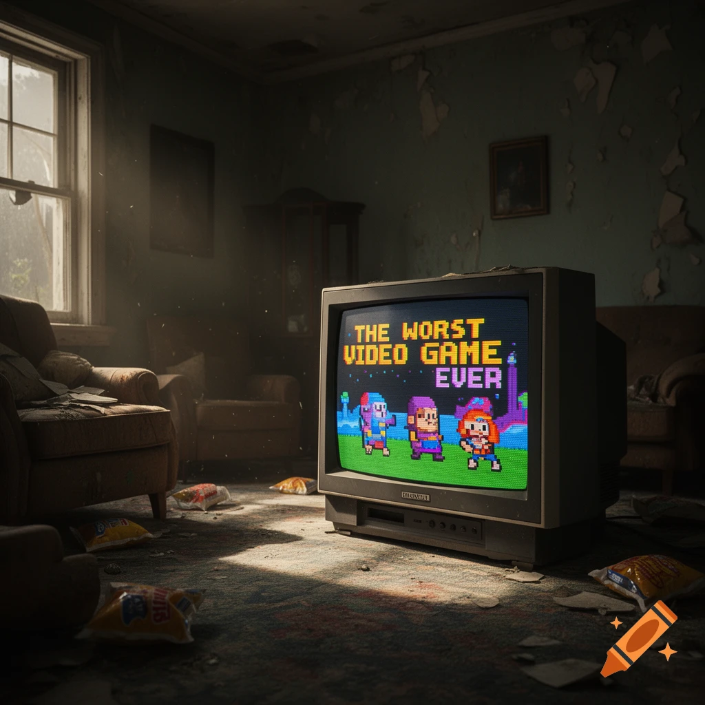 A retro CRT television in a dilapidated room displays a pixelated video game titled 'THE WORST VIDEO GAME EVER'.