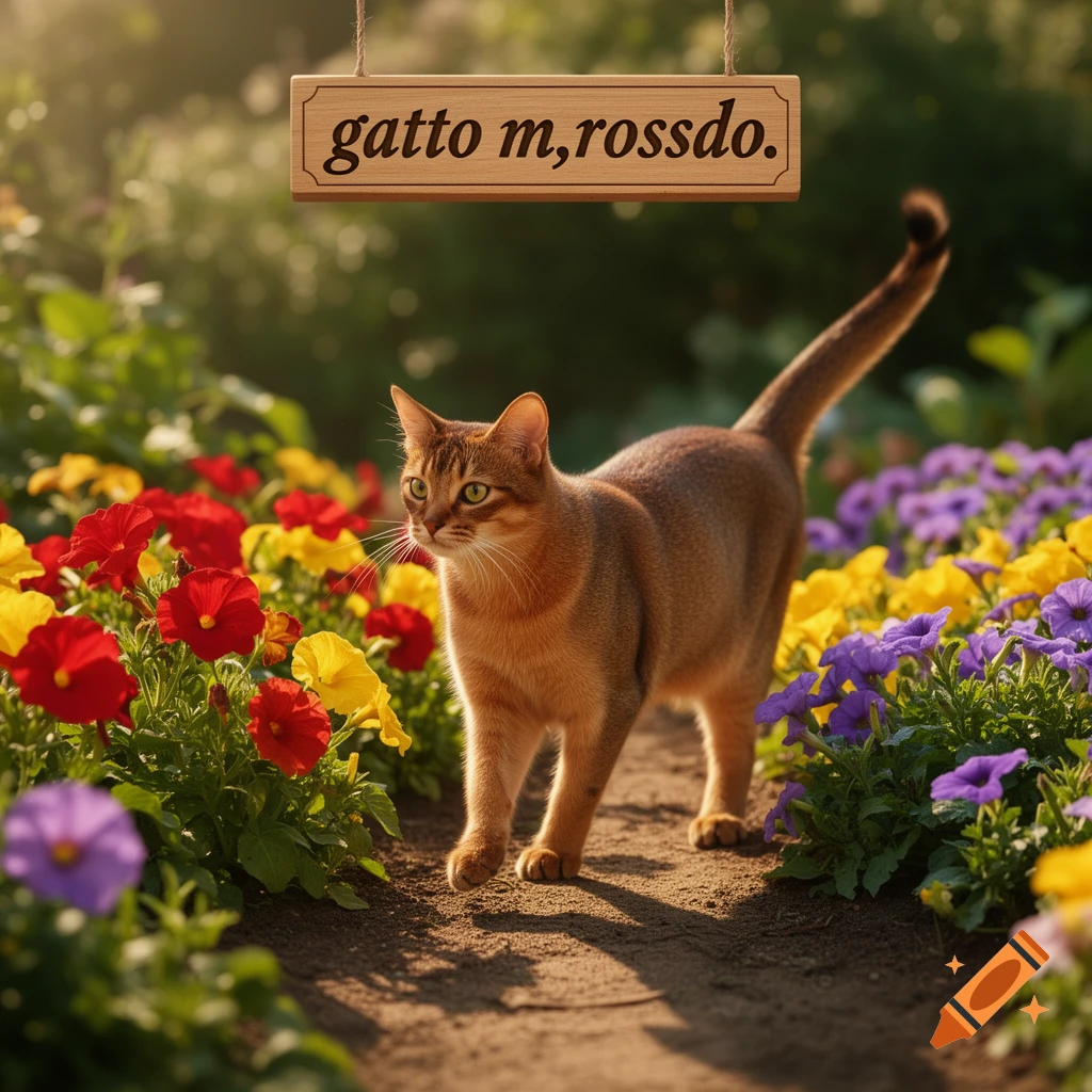 An Abyssinian cat walks on a garden path surrounded by colorful flowers, with a wooden sign overhead.