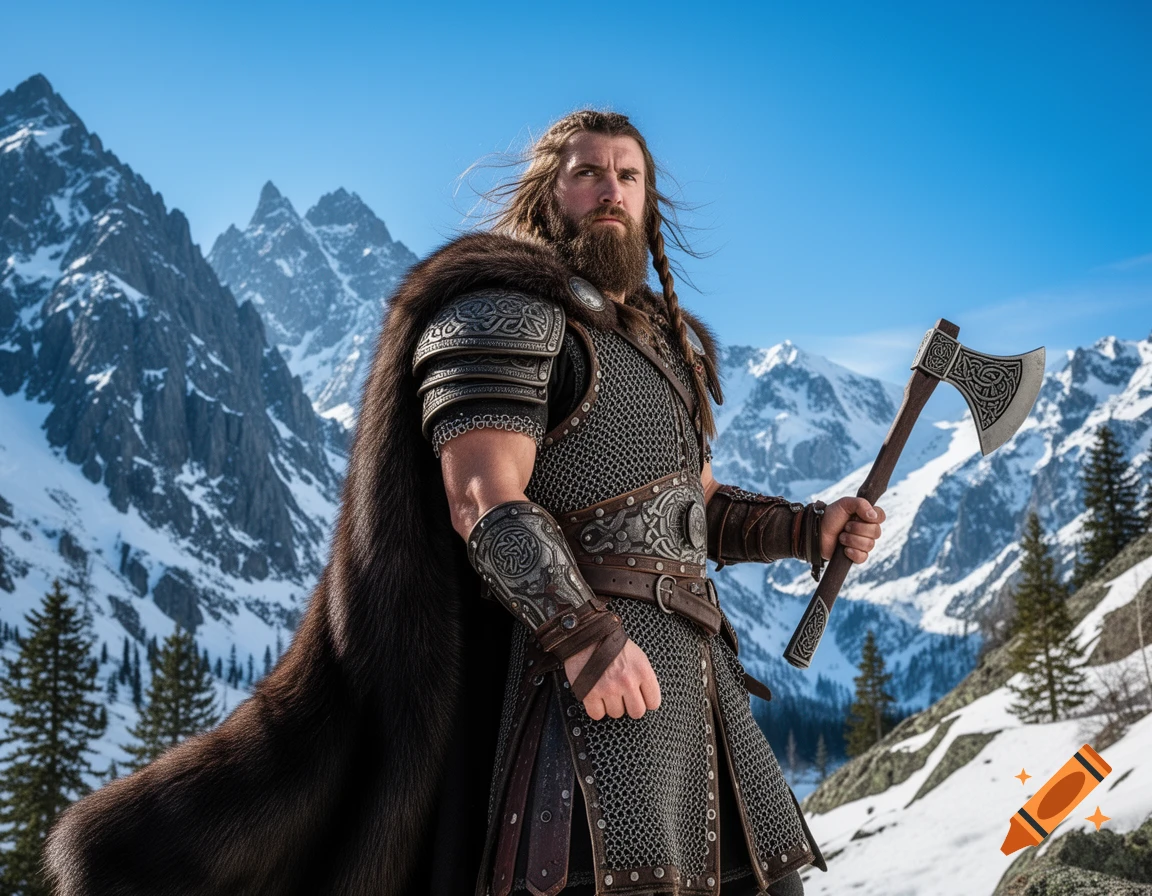 A rugged Viking warrior in a fur cape and chainmail armor, holding an axe against a snowy mountain backdrop under a blue sky.