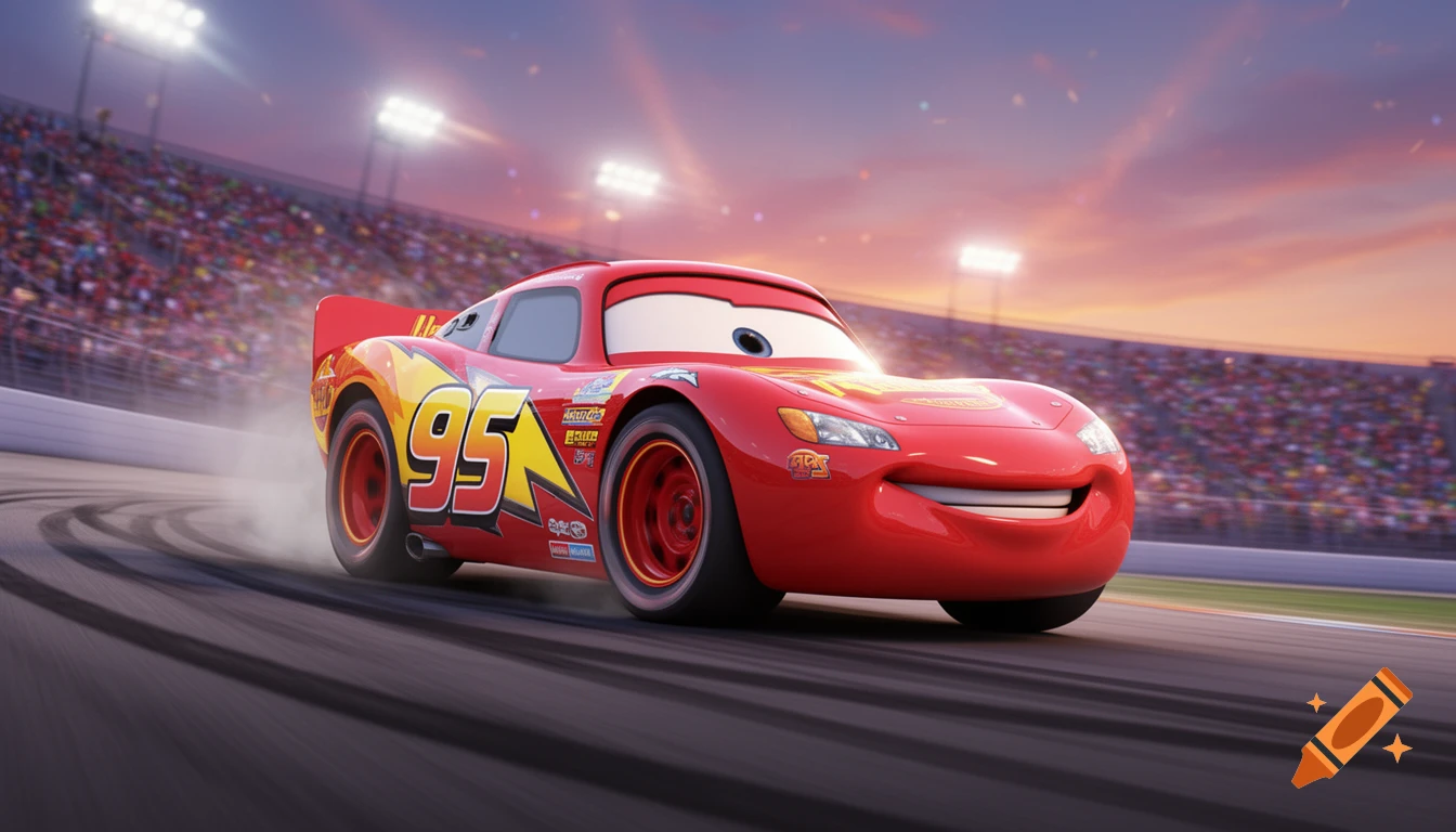 Lightning McQueen, a red race car with the number 95, speeds on a track, leaving tire marks under a dramatic sky with stadium lights.