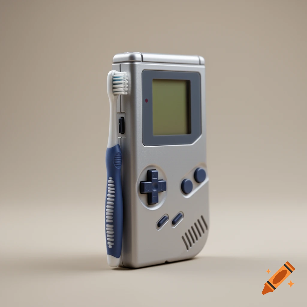 A creative object that combines a silver Game Boy handheld console with a blue and white toothbrush, standing on a beige background.