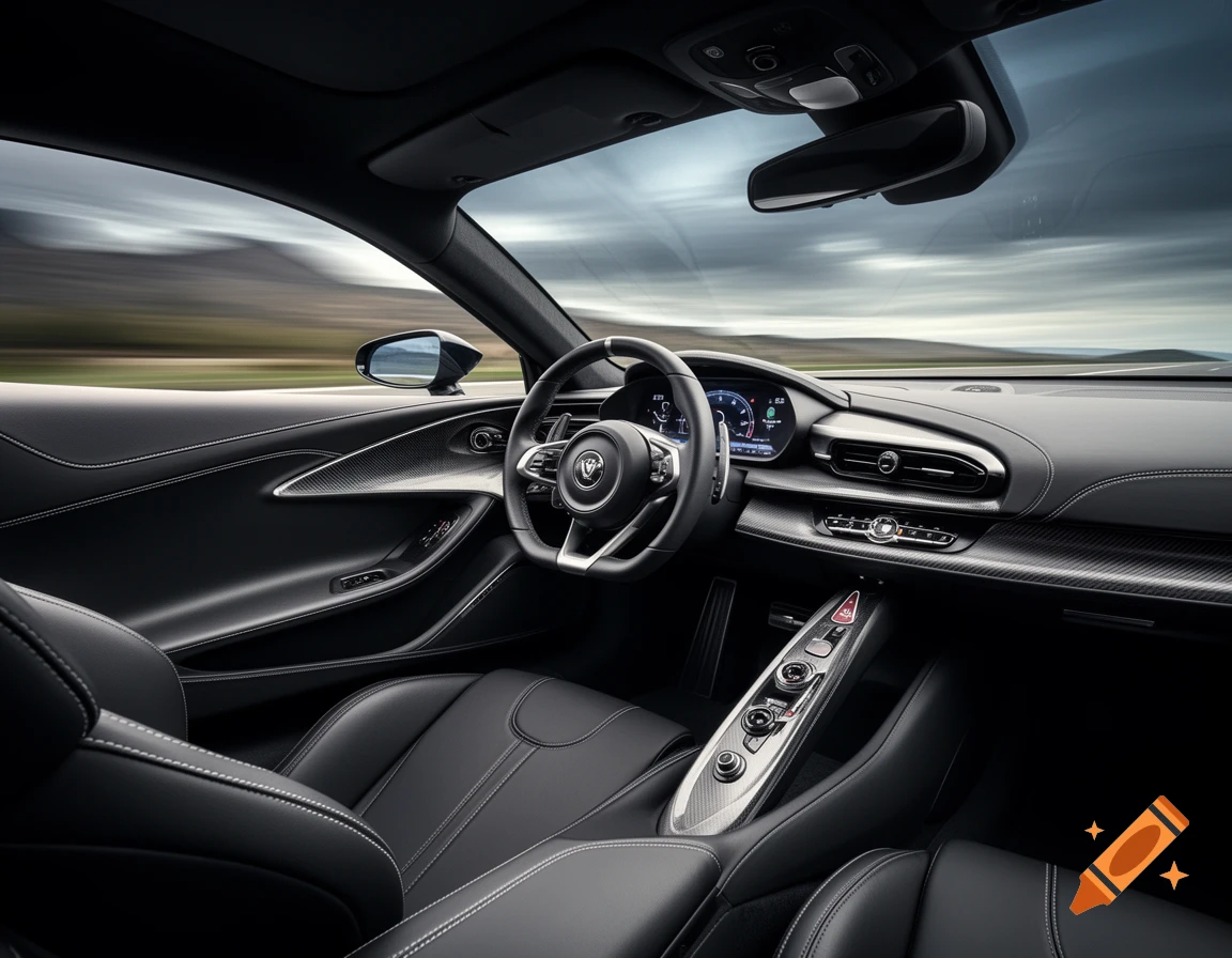 A photorealistic, wide-angle view of a modern car's dark, luxurious interior with a blurry road visible through the windshield.