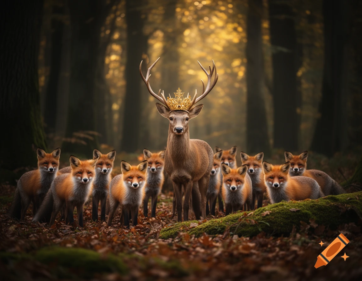 A majestic deer wearing a golden crown stands in an autumn forest, surrounded by a group of red foxes looking forward.