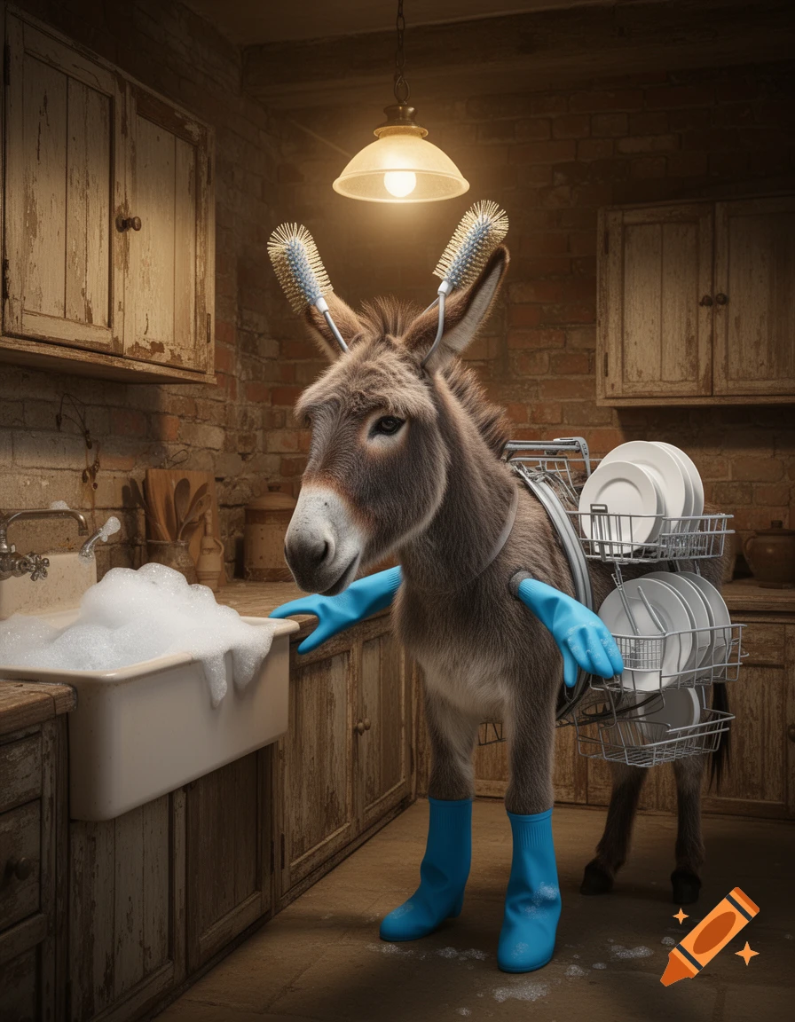A photorealistic image of a donkey with scrubbing brushes on its ears, wearing blue gloves and boots, and carrying a dish rack on its back, washing dishes in a rustic kitchen sink full of soap suds.