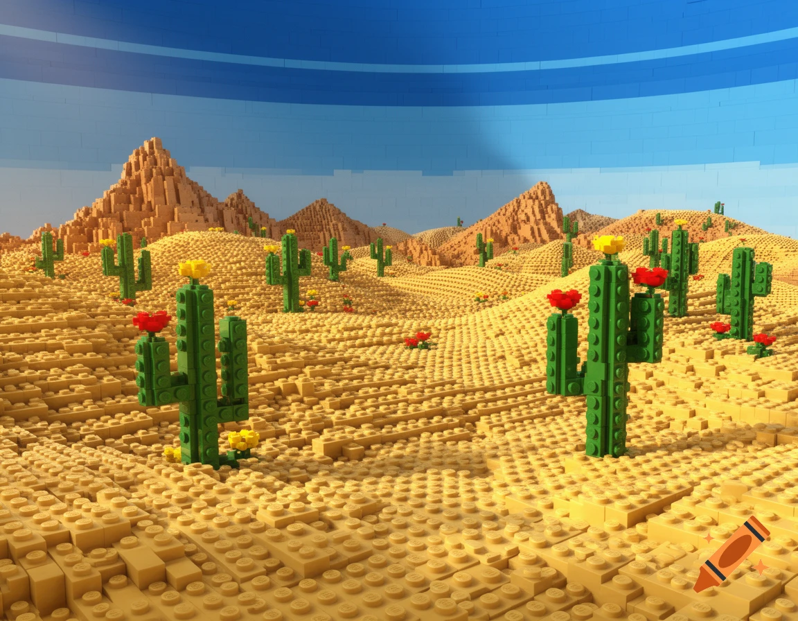A desert scene with sand, rock mountains, and cacti, all constructed from yellow, green, and red LEGO bricks under a blue sky.