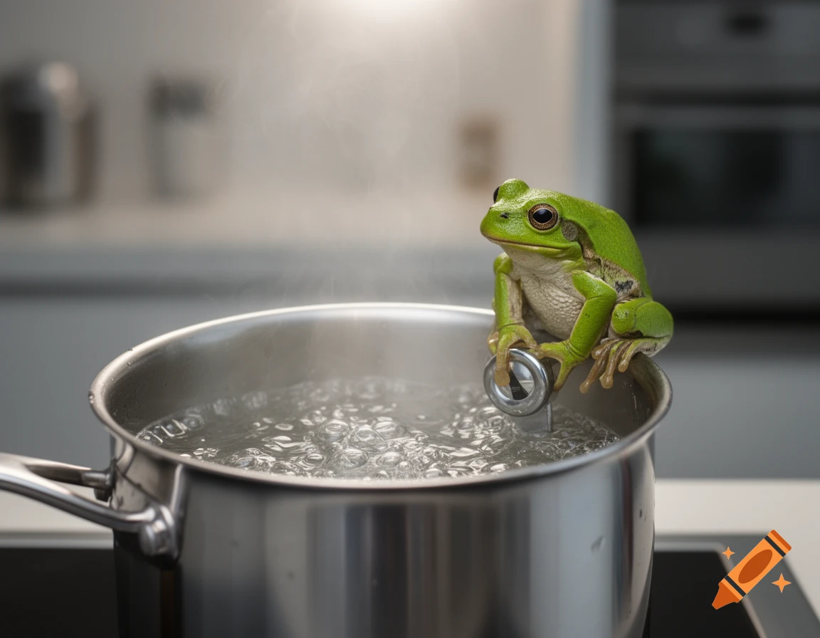 A photorealistic image of a green frog perched on the rim of a boiling pot of water, holding a thermometer in a kitchen.