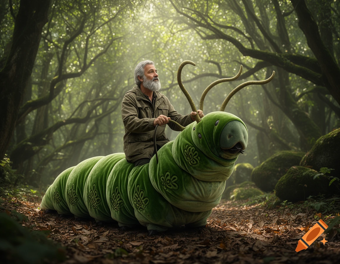 A photorealistic image of a grey-haired man riding a giant green caterpillar through a sunlit forest.
