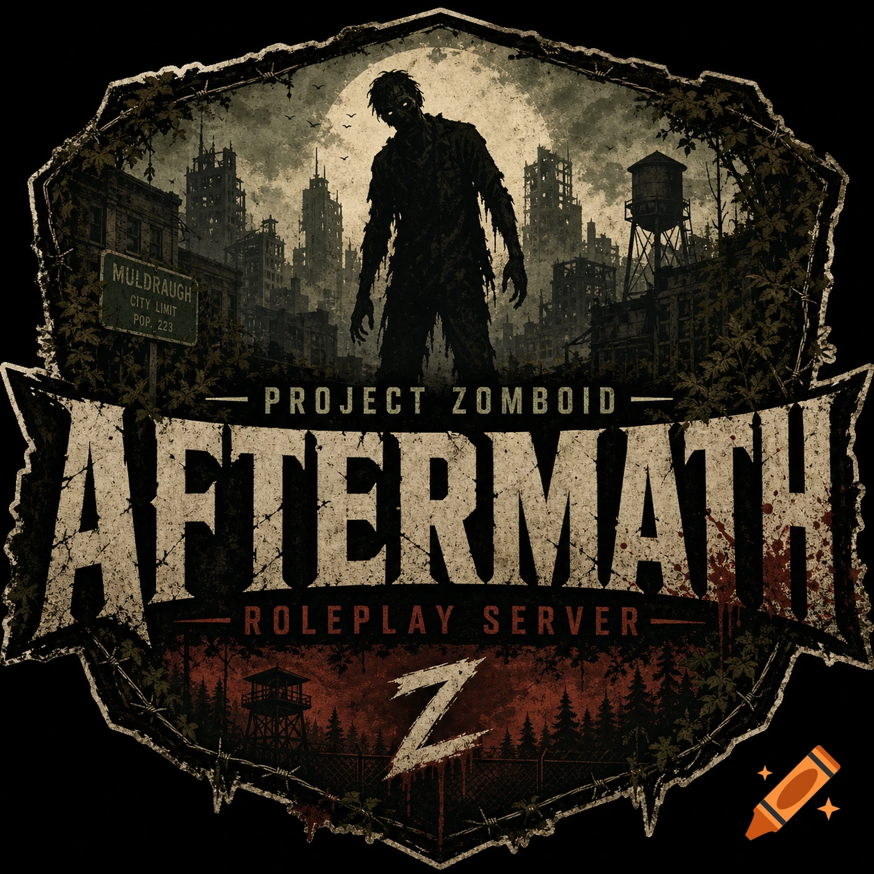 Distressed logo for Project Zomboid server, featuring a zombie silhouette, destroyed city, and forest with a watchtower.