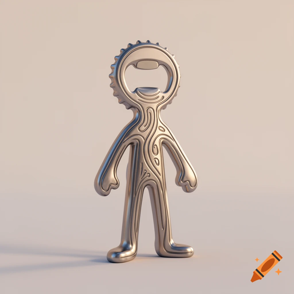 A shiny silver bottle opener shaped like a stylized stick figure with a wavy pattern on its body, rendered against a light background.