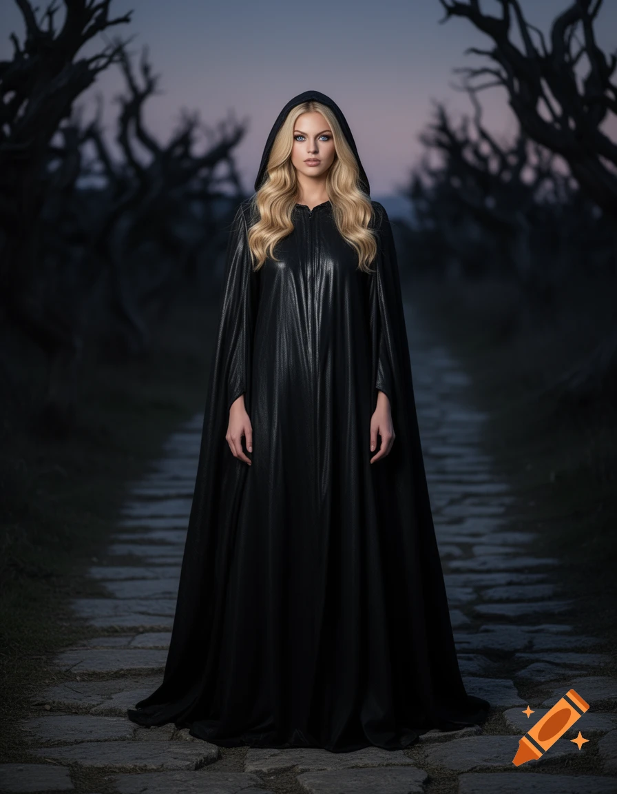 A blonde woman in a shiny black hooded cape stands on a stone path in a dark, gnarled forest at dusk.