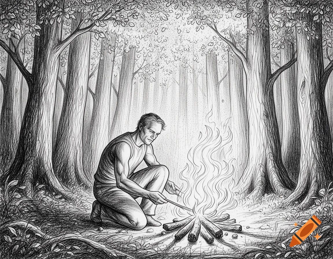 A man crouches, tending a small fire in a dense forest, depicted in a detailed pen-and-ink line drawing style.
