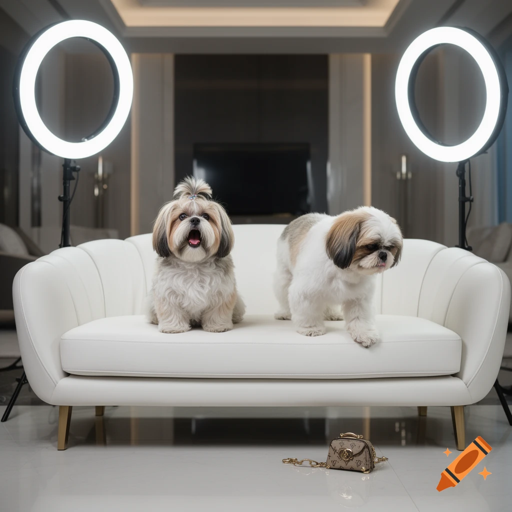 Two well-groomed Shih-poo dogs on a plush white sofa, illuminated by two ring lights in a modern luxury living room. A tiny designer handbag lies on the floor.
