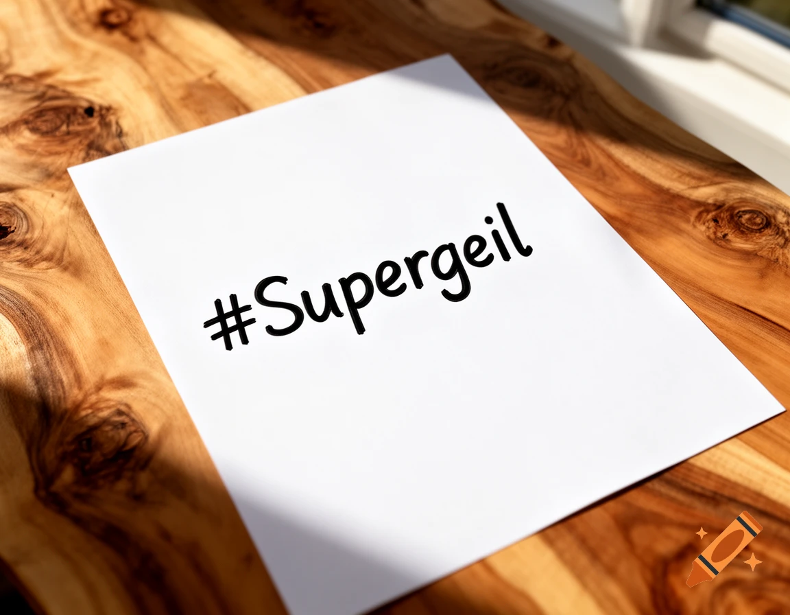 A white paper with '#Supergeil' on a wooden table, photorealistic style.
