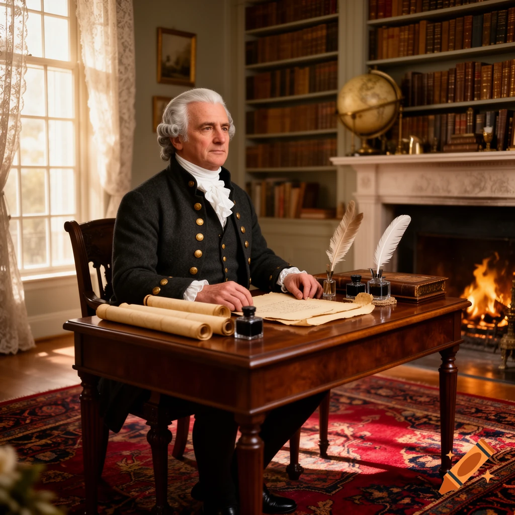 A man in 18th-century attire sits at a wooden desk in a library or study, with a fireplace, bookshelves, and quills.