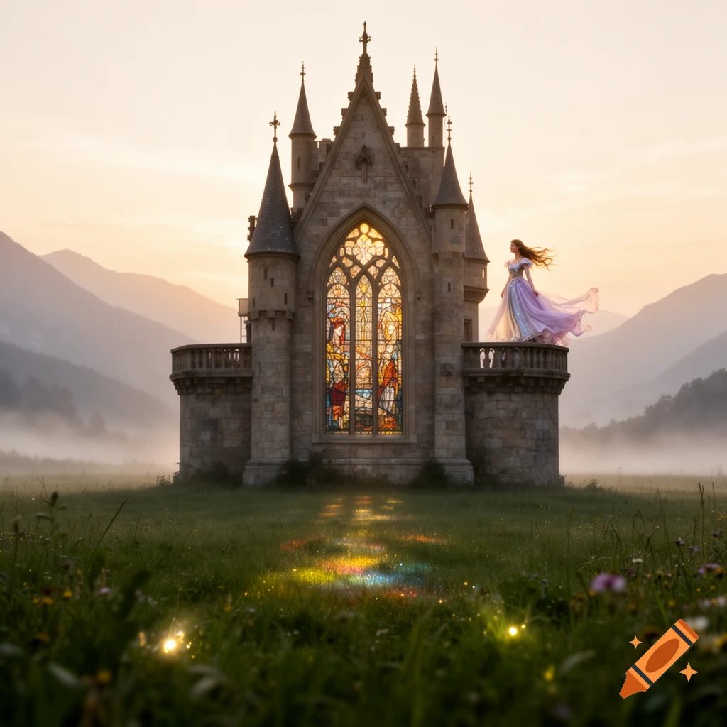 A princess in a purple gown stands on a gothic castle balcony overlooking a misty field at sunrise, with mountains.