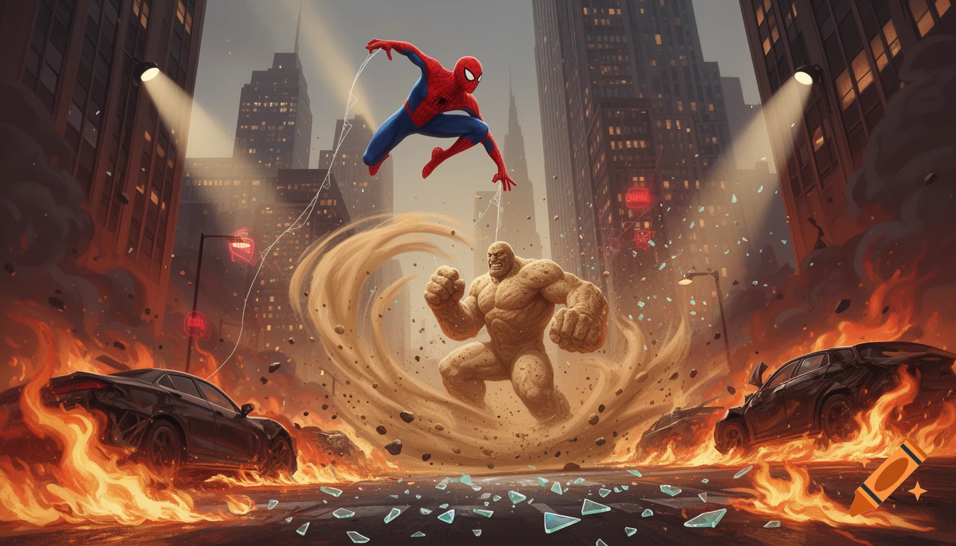 Spider-Man jumps above Sandman, who rises from a dust swirl, amidst burning cars and shattered glass in a city street.