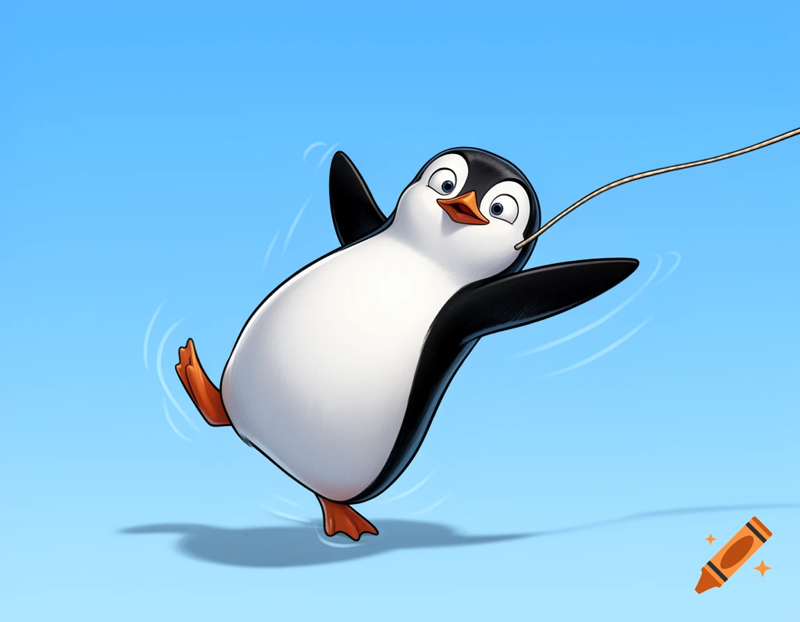 A happy cartoon penguin with big eyes pulls a thin string, leaning back, against a light blue background.