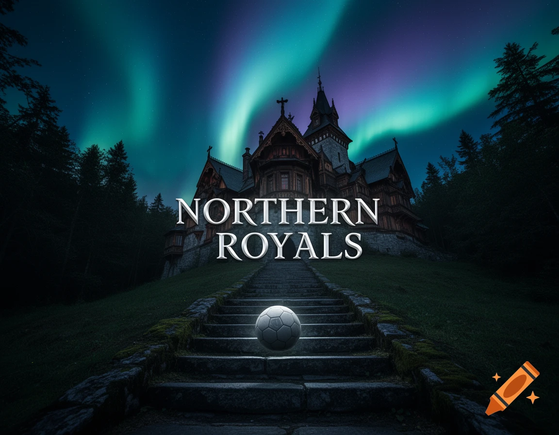 A majestic castle under the aurora borealis with a soccer ball on a long stone staircase leading up to it.