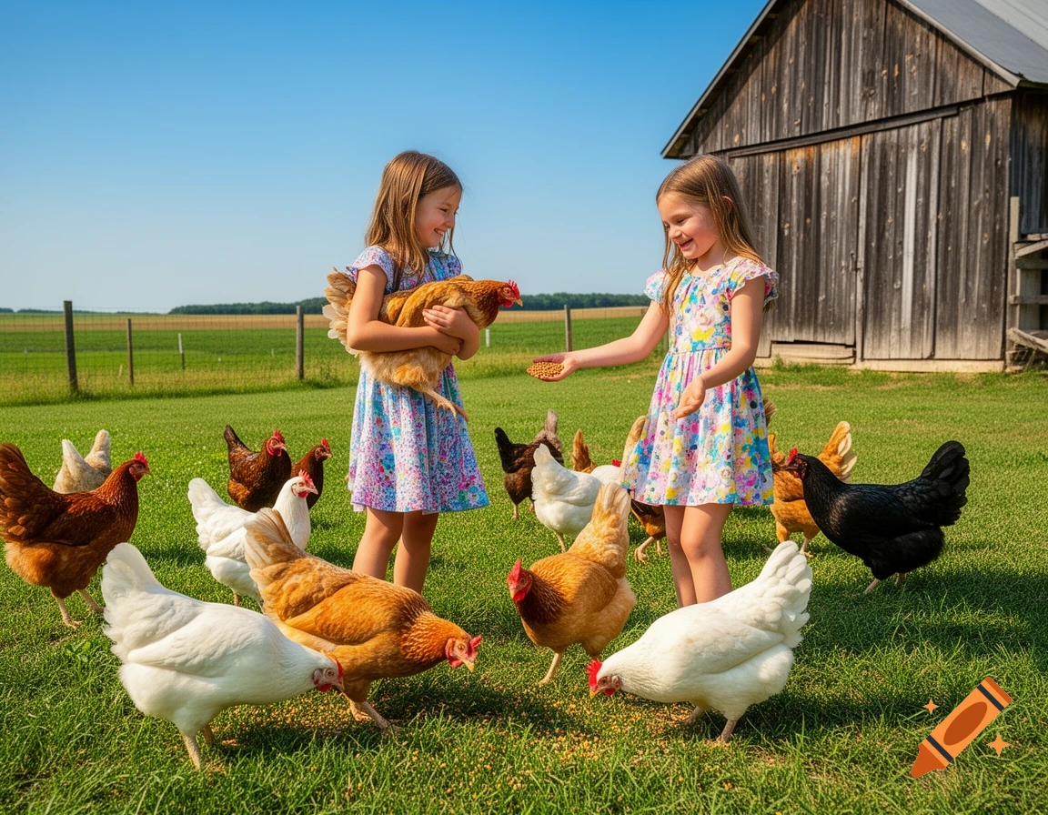 Two young girls feeding chickens on a grassy farm with a wooden barn in the background under a blue sky.