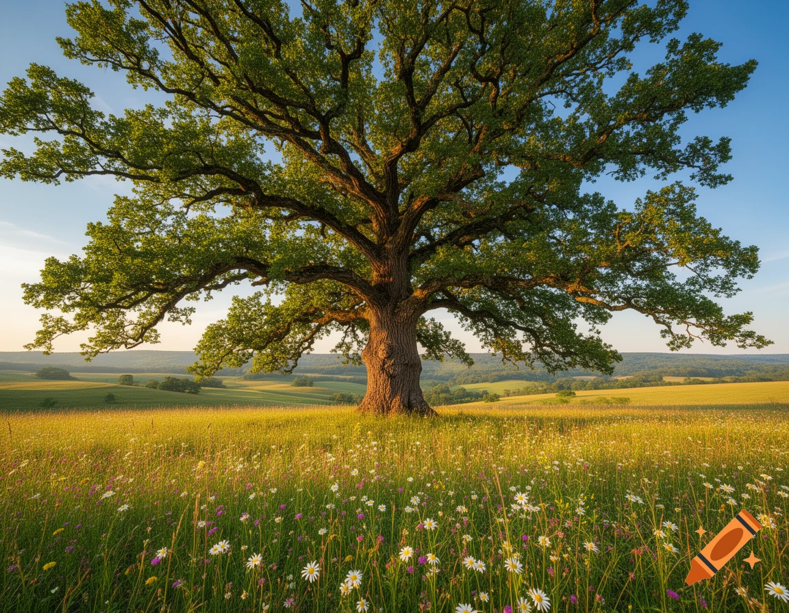 A majestic oak tree with a sprawling canopy stands in a sunlit meadow filled with colorful wildflowers under a clear blue sky.