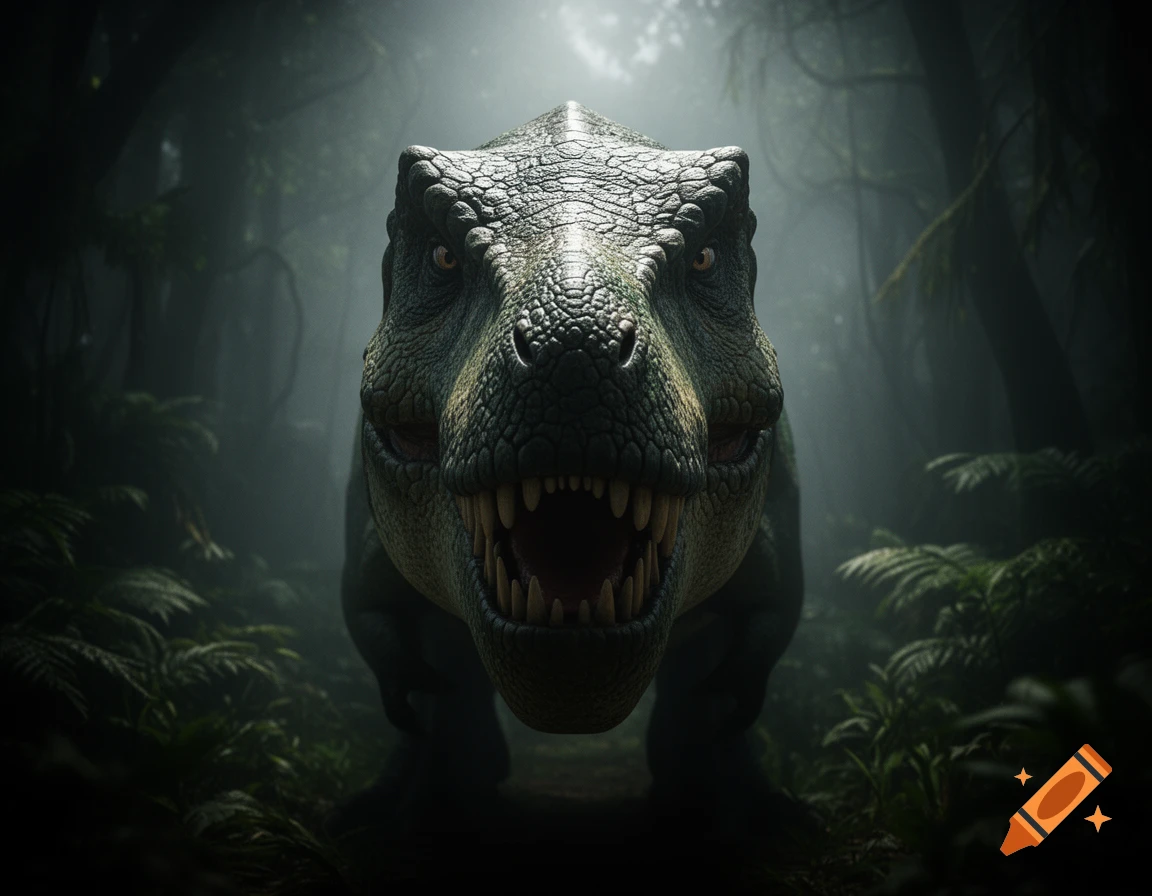 A photorealistic T-Rex stares intensely with its mouth open from a dark, foggy jungle.