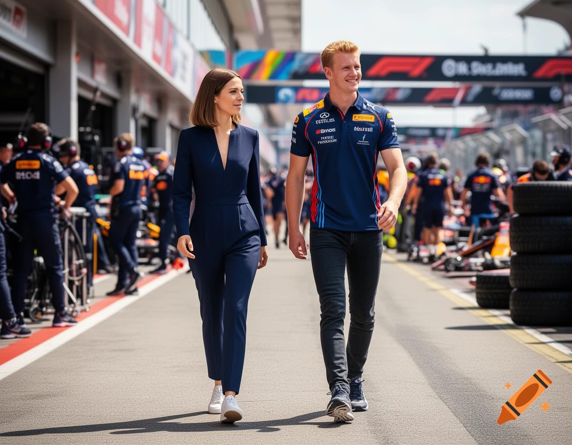 A woman in a navy jumpsuit and a man in a navy polo shirt with sponsor logos walk side-by-side on an F1 pit lane with crews and cars in the background.