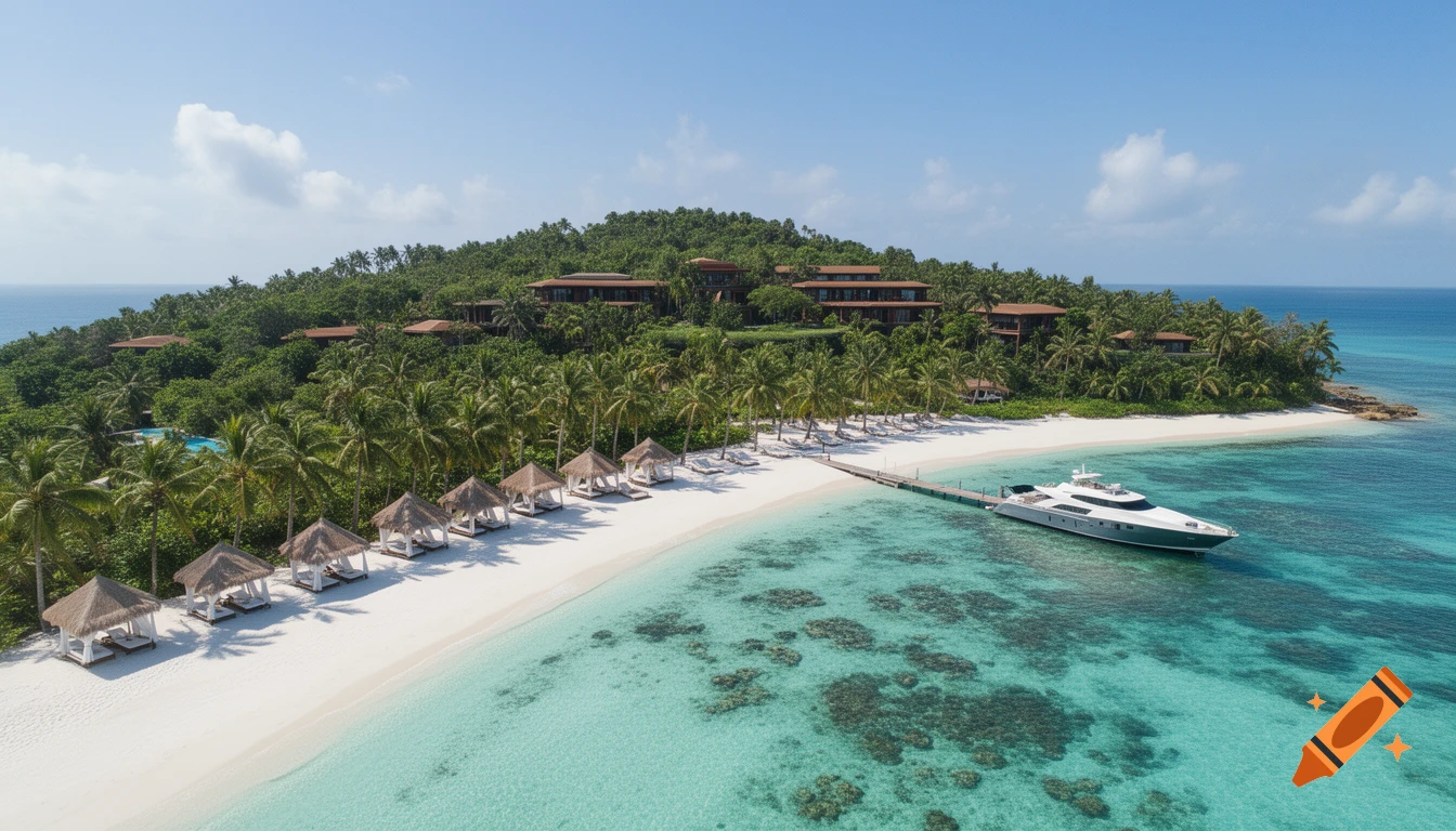 Aerial view of a pristine white sand tropical island beach with a luxury resort, lush palm trees, clear turquoise water, and a yacht docked at a pier.