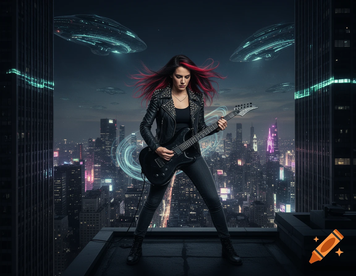 A woman with red-streaked hair in a leather jacket plays an electric guitar on a city rooftop at night, with multiple UFOs hovering above the skyline.