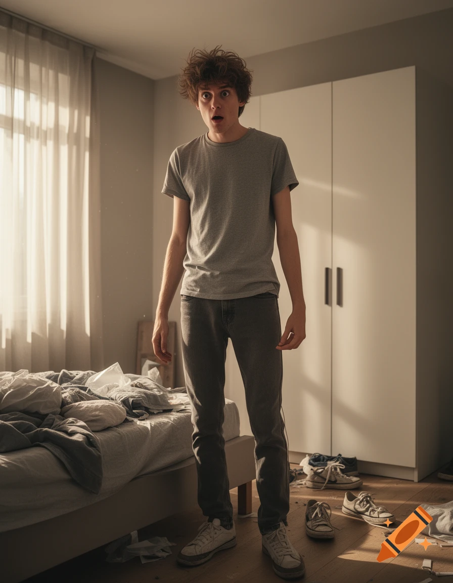 A surprised young man with messy hair stands in a messy bedroom next to an unmade bed and scattered shoes. Photorealistic.