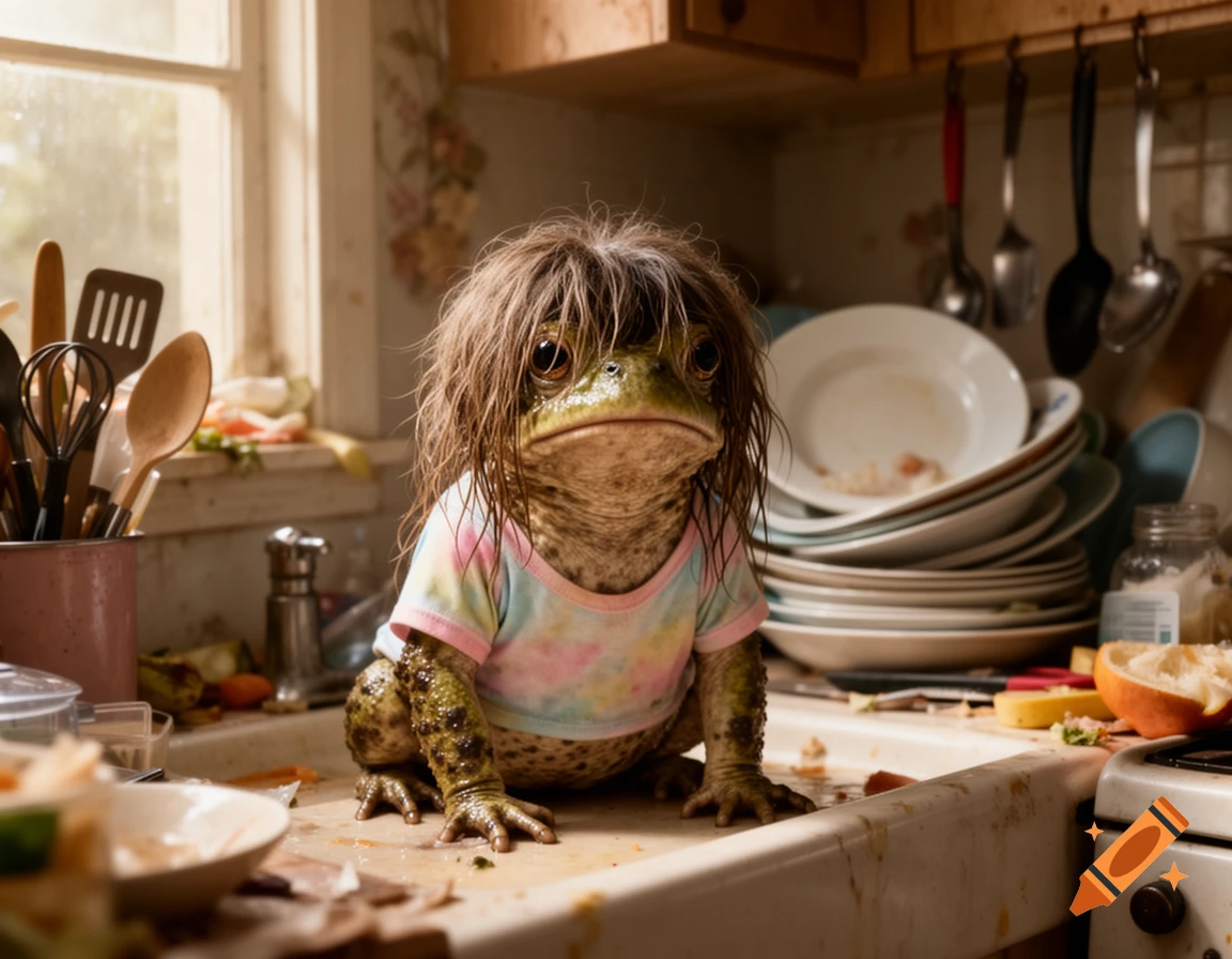 A photorealistic toad with long brown hair and a tie-dye t-shirt sits on a very messy kitchen counter next to dirty dishes.
