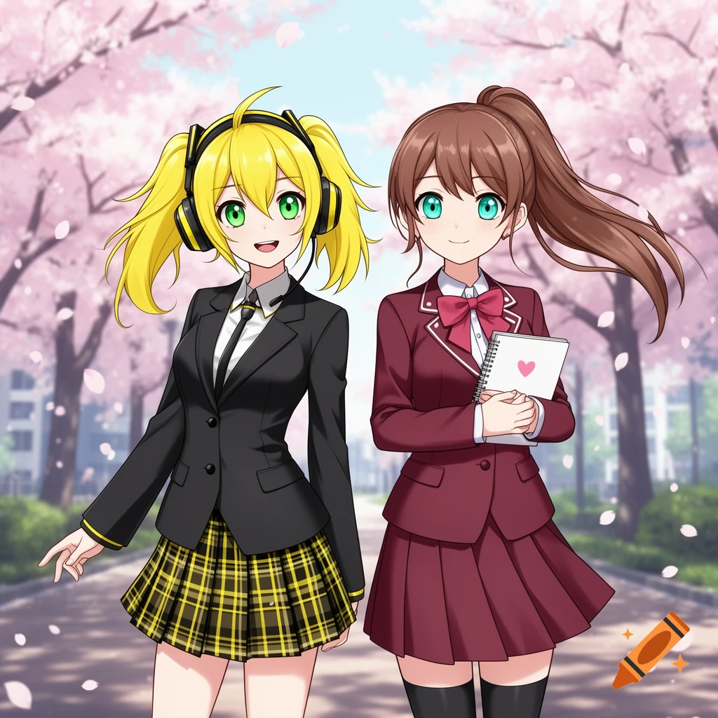 Two anime girls in school uniforms, one with yellow pigtails and headphones, the other with brown hair holding a notebook, walk under cherry blossom trees.